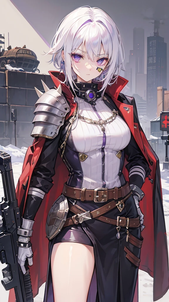 Female, White hair, purple eyes, Old Glove, 160 cm, 18 years, Colt M1911, Spiky Eye Patch, Spiky Slave Hunter Armor, Turtle's Rusty bracelet, Tomboy, wasteland