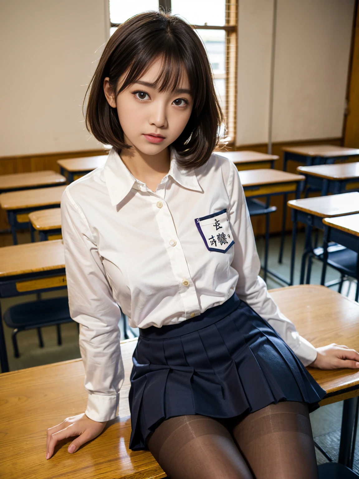 (Tabletop, Highest quality, Very detailed), One Girl, Purple eyes, Blonde, Dark Skin, short hair、Perm Hair、((Japanese School Uniform))、((pantyhose))、(Inside the school building)、(mini skirt)、Black panties