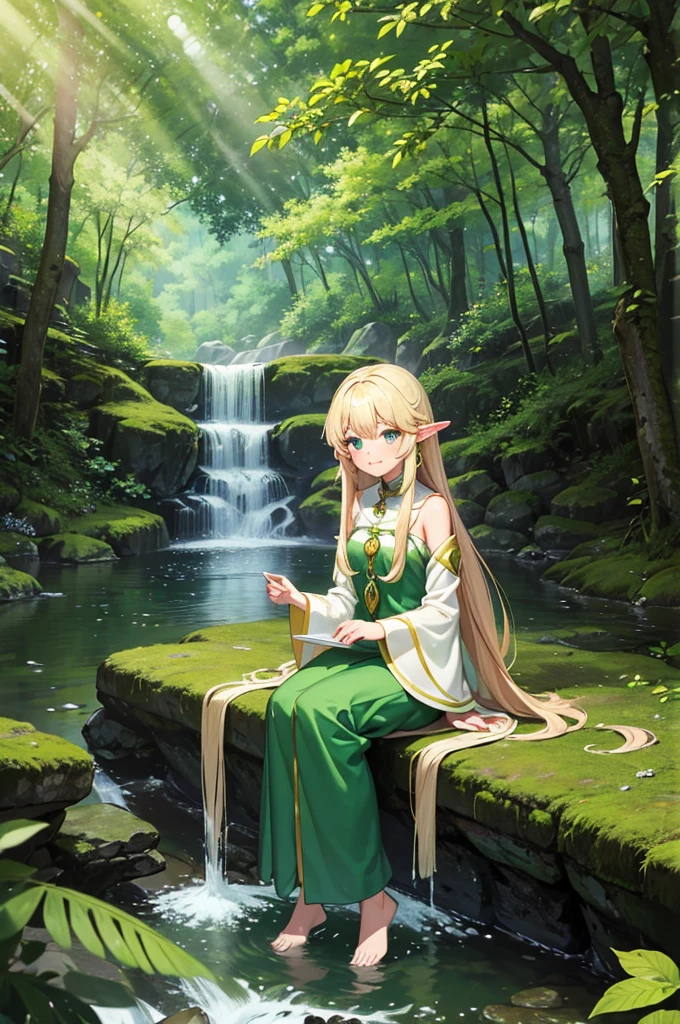 Highest quality, masterpiece, 1 person, Elf Woman, blonde, Long Hair, Emerald Gemstone Eyes, Gwaise Style, wood々Beautiful speckled sunlight filtering through the leaves, quiet forest scenery, cute, Dip your feet in a stream flowing through the forest, sister, Age 25, smile