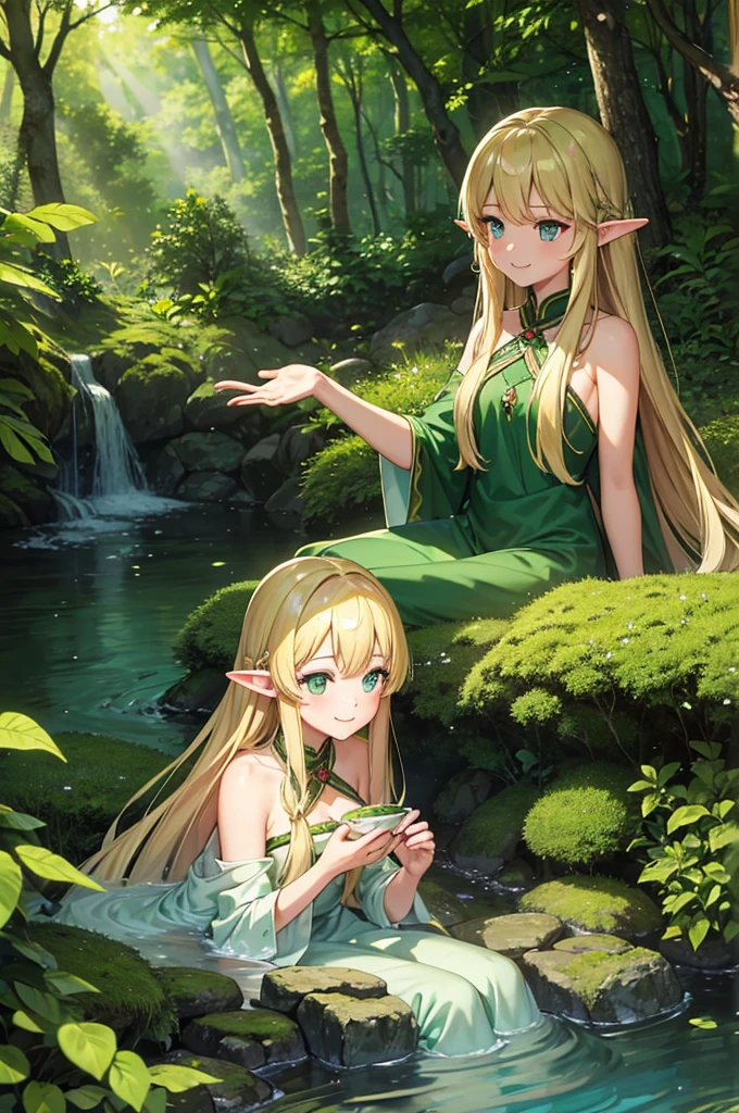 Highest quality, masterpiece, 1 person, Elf Woman, blonde, Long Hair, Emerald Gemstone Eyes, Gwaise Style, wood々Beautiful speckled sunlight filtering through the leaves, quiet forest scenery, cute, Dip your feet in a stream flowing through the forest, sister, Age 25, smile