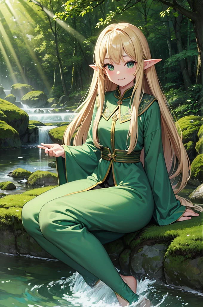 Highest quality, masterpiece, 1 person, Elf Woman, blonde, Long Hair, Emerald Gemstone Eyes, Gwaise Style, wood々Beautiful speckled sunlight filtering through the leaves, quiet forest scenery, cute, Dip your feet in a stream flowing through the forest, sister, Age 25, smile