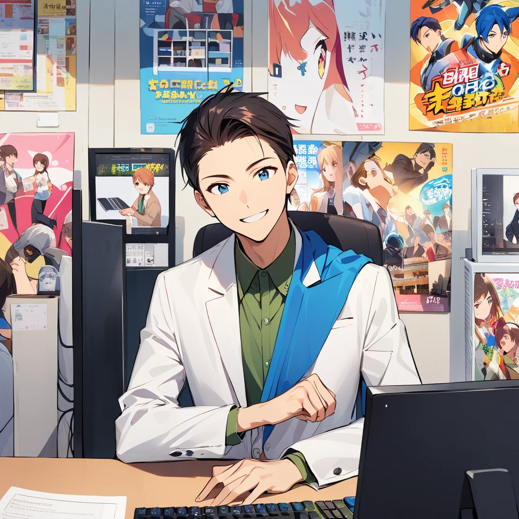 A young man、He has a bright smile and wears a smart suit.。Other people々I understand that some people have feelings of reluctance to work.、Showing a supportive attitude。In the background、The poster depicts an office and a computer, which are symbols of job hunting.、There&#39;s a relaxed atmosphere。The man&#39;s eyes are shining with hope.。

