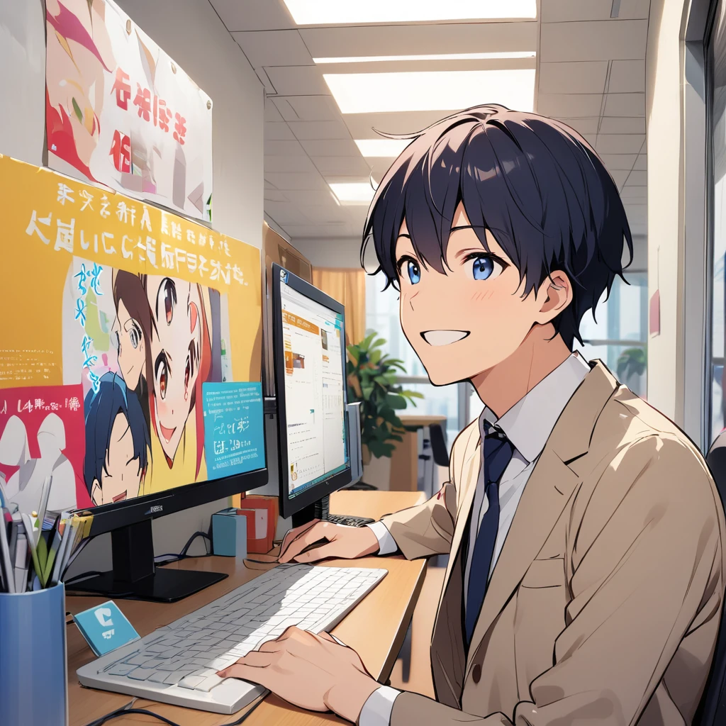 A young man、He has a bright smile and wears a smart suit.。Other people々I understand that some people have feelings of reluctance to work.、Showing a supportive attitude。In the background、The poster depicts an office and a computer, which are symbols of job hunting.、There's a relaxed atmosphere。The man's eyes are shining with hope.。