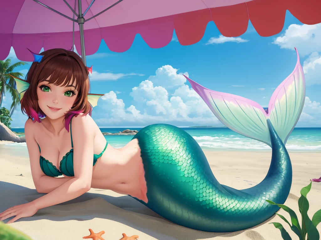 masterpiece, best quality:1.2), 1girl, smile, looking at viewer, green eyes, short brown hair, mermaid, mermaid girl, wearing purple seashell bra, laying on belly on beach, colorful mermaid tail, outdoors, head fins, fin ears