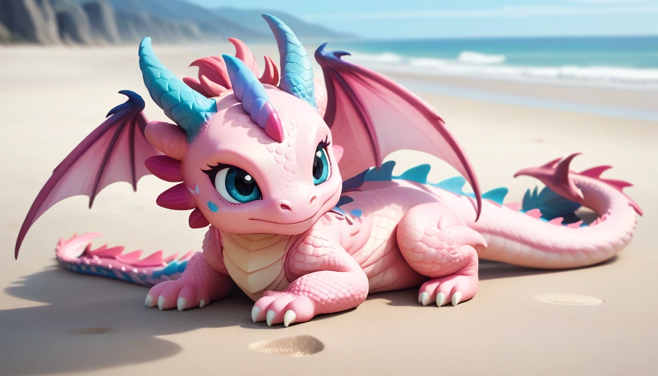 masterpiece,high quality,monster,solo,dragon ,(chibi:1.2),pink body,pink dragon,horns,wings,lying on the ground,injured,unhappy,looking forward,looking sideways,head focus,poor,seaside,beach,blue sky,landscape,(non-human:1.2),lying,frustrated_brow,annoyed,frustrated,on stomach,