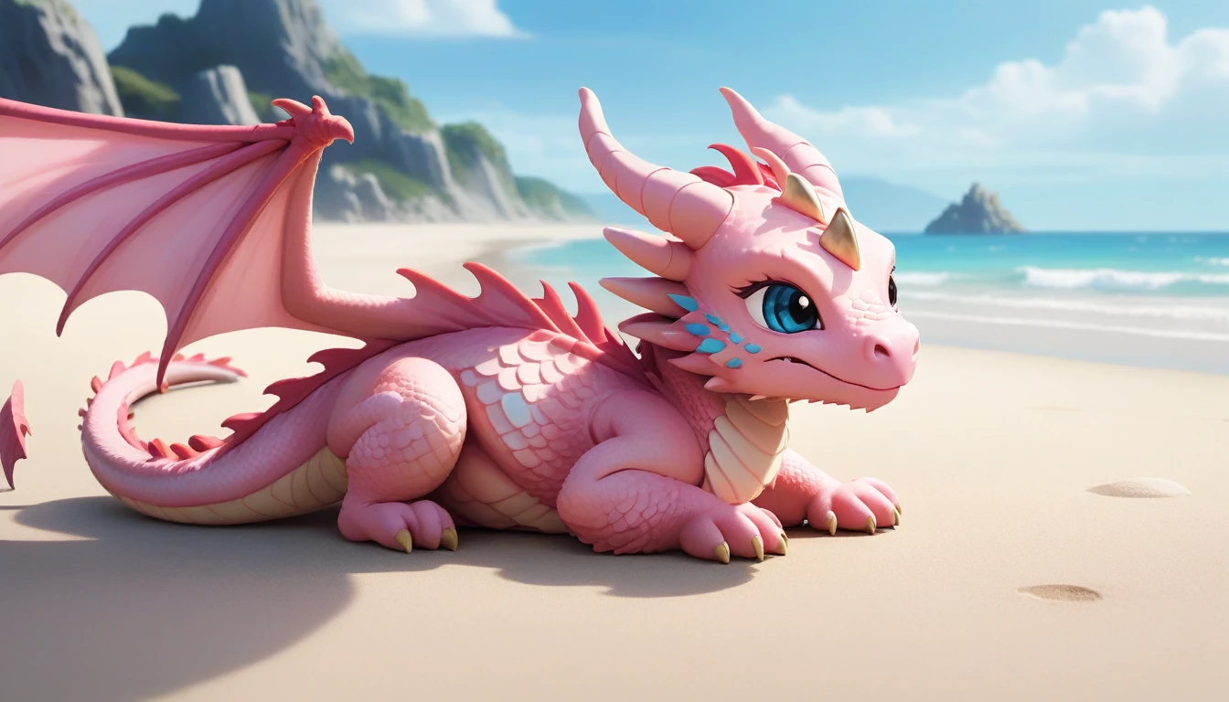 masterpiece,high quality,monster,solo,dragon ,(chibi:1.2),pink body,pink dragon,horns,wings,lying on the ground,injured,unhappy,looking forward,looking sideways,head focus,poor,seaside,beach,blue sky,landscape,(non-human:1.2),lying,frustrated_brow,annoyed,frustrated,on stomach,