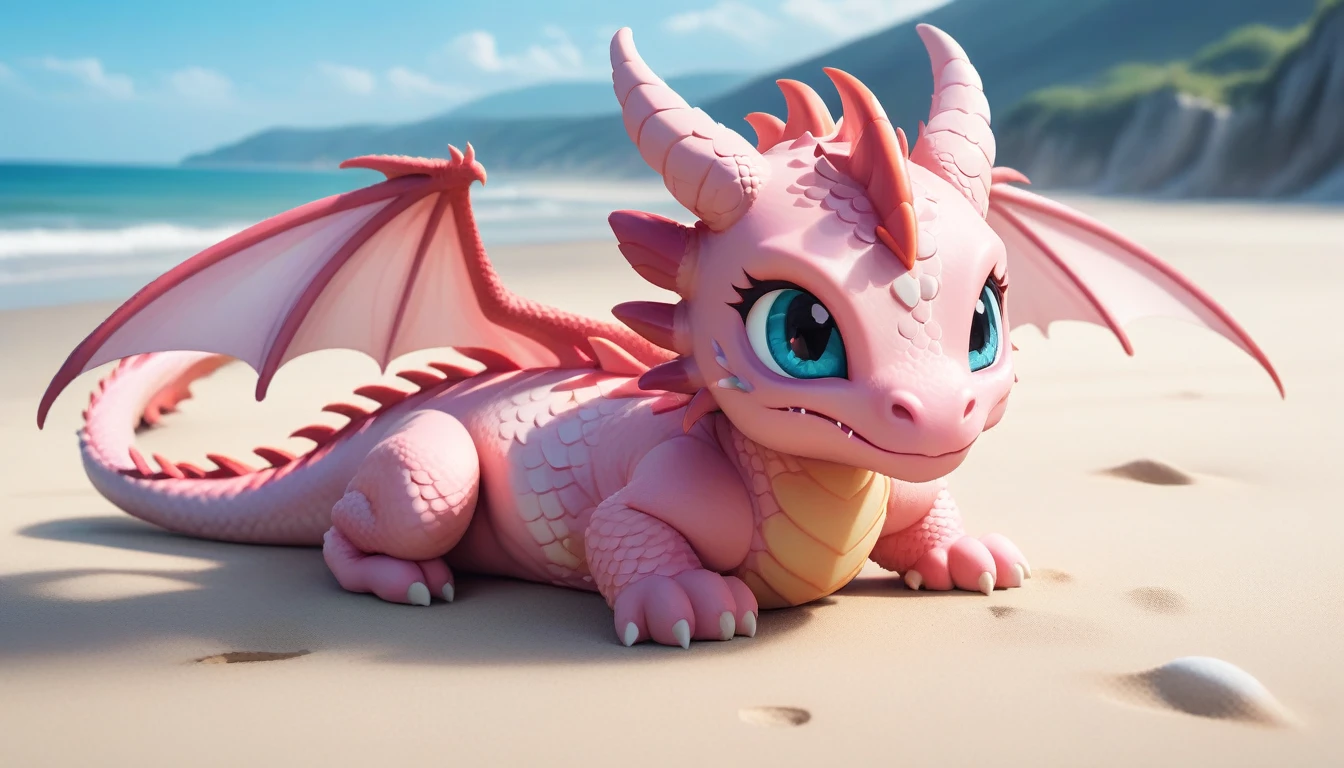 masterpiece,high quality,monster,solo,dragon ,(chibi:1.2),pink body,pink dragon,horns,wings,lying on the ground,injured,unhappy,looking forward,looking sideways,head focus,poor,seaside,beach,blue sky,landscape,(non-human:1.2),lying,frustrated_brow,annoyed,frustrated,on stomach,