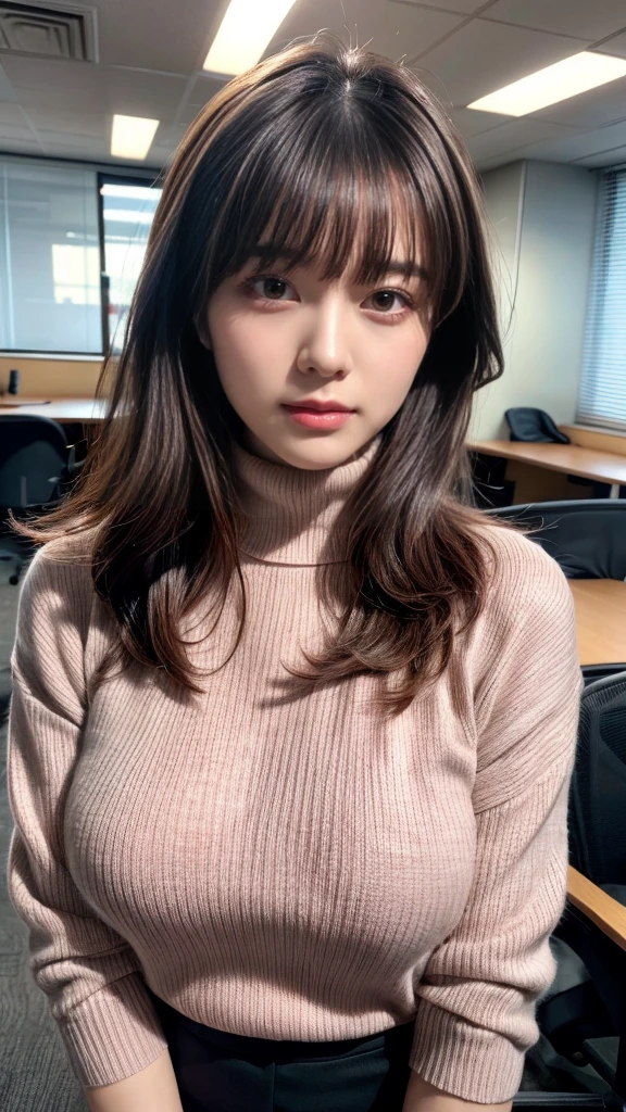 highest quality,Very detailed,finely,High resolution,8k wallpaper,Perfect dynamic composition,Office Lady,whole body,Are standing,Pink knitwear,turtleneck,Shedding bangs,finel beautiful eyes,Natural Lip,(Saggy  breasts:1.3