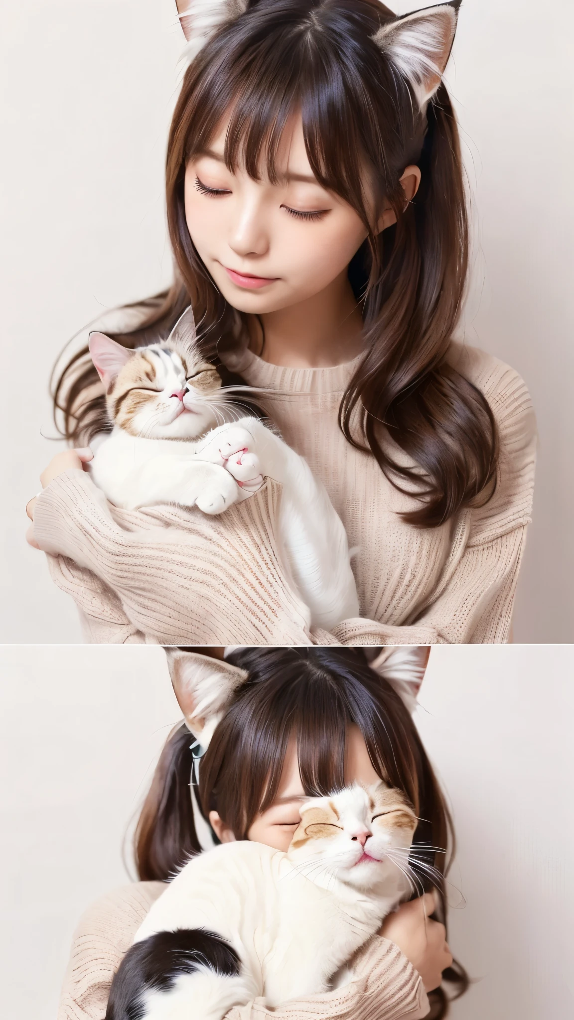 masterpiece, 4K, Bokeh, (cute:1.5), (beautiful girl:1.3), (Japanese Idols:1.6), (Cat ear:1.3) , (sweater:1.3), (I like cats:1.6), Blushed, (Holding a sleeping white cat:1.5), (Kiss the cat:1.3), (White Background :1.4),