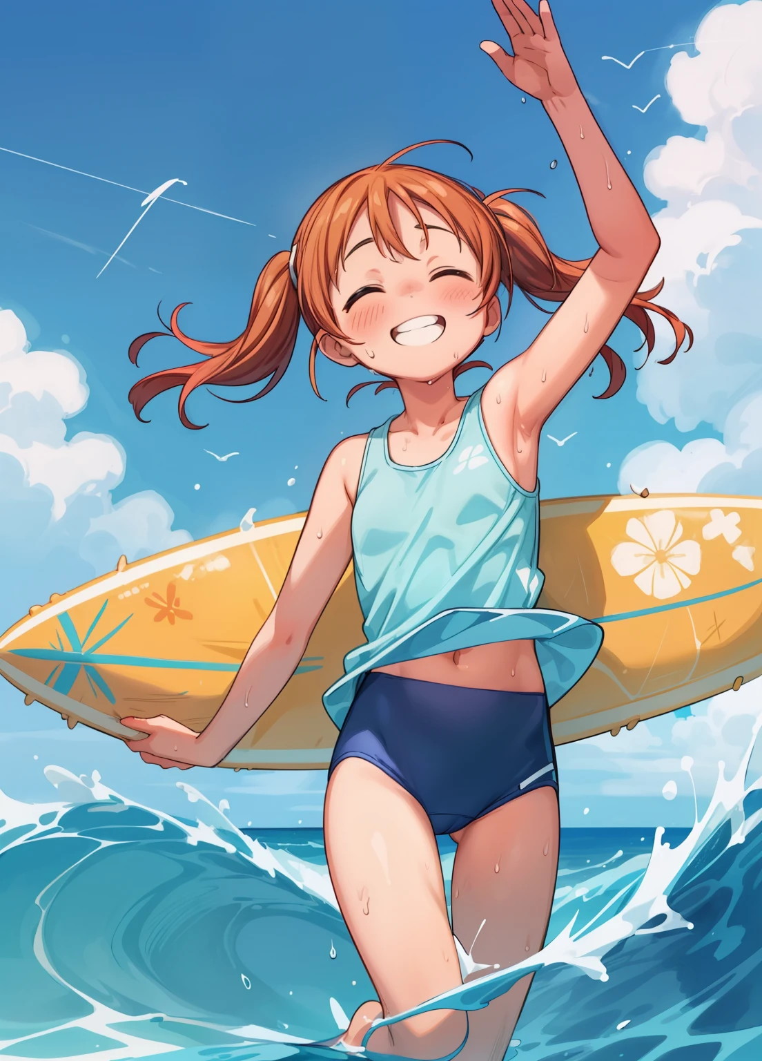 (masterpiece、Highest quality、Highest quality、Official Art、Beautiful and beautiful:1.2)、(One girl:1.3)Hatsune Miku、Twin tails,Beautiful ,masterpiece、Looking up from below、surfing、Riding the waves on a surfboard、Great balance、Boyish Girl、Redhead and wheat-colored skin、water着のラインに日焼け跡がある、Tank top、look down with a smile、Vast blue sky、Scenes of Youth、Sweat gushes out、To the Cloud、1 page of summer、A smile with gritted teeth、Close your eyes and smile、Wet your hair、water、