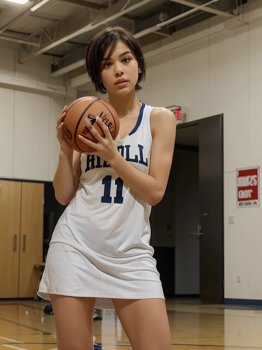 in a girl、funny、dress,（small breasts ) , short black hair, black eyes, playing basketball, basketball score A women&#39;s basketball uniform, navy blue fitted sleeveless sweater, white and gold side stripes, white numbers with gold outline, matching navy shorts, side stripes on shorts, team logo on shorts, serious, training