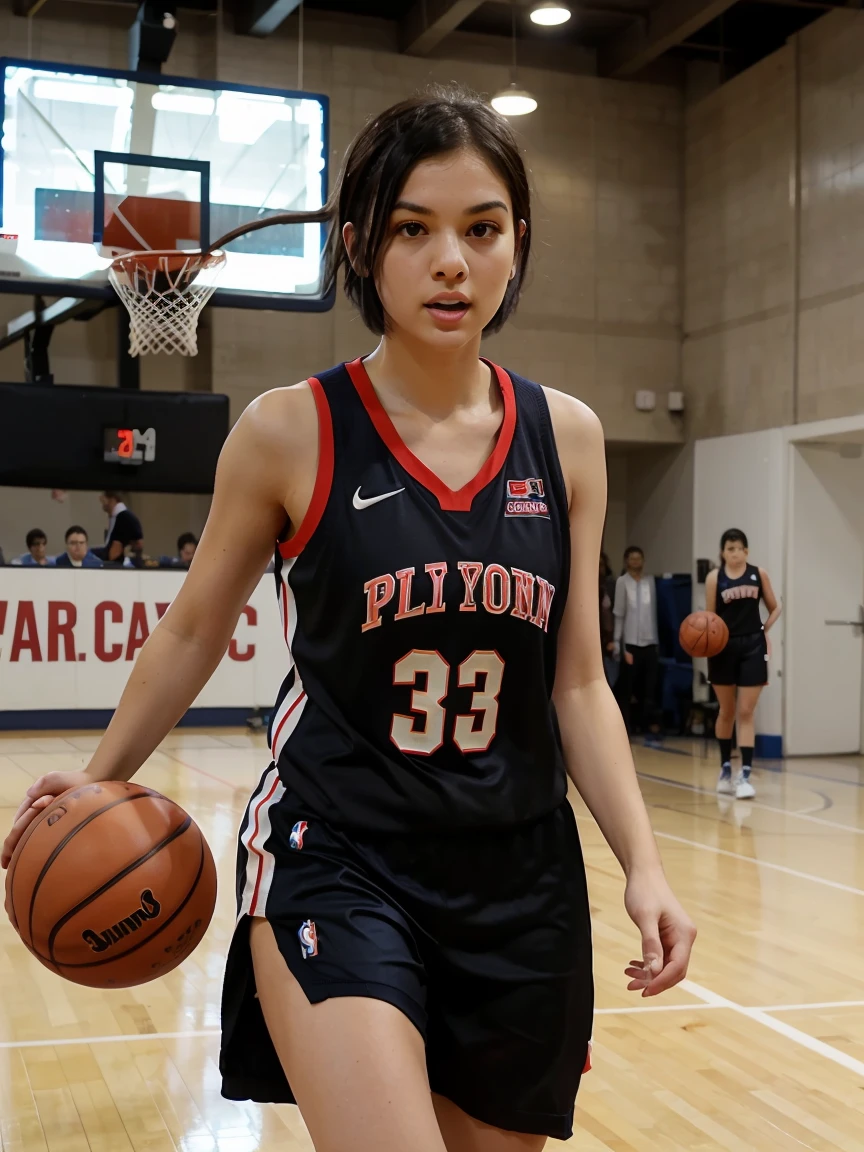 in a girl、funny、dress,（small breasts ) , short black hair, black eyes, playing basketball, basketball score A women&#39;s basketball uniform, navy blue fitted sleeveless sweater, white and gold side stripes, white numbers with gold outline, matching navy shorts, side stripes on shorts, team logo on shorts, serious, training