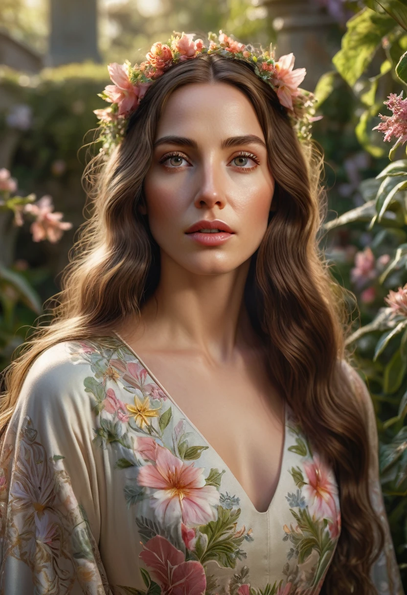 photorealistic portrait of jesus, a woman with long brown hair in a garden, beautiful detailed eyes, beautiful detailed lips, extremely detailed face and eyes, longeyelashes, intricate detailed floral dress, serene expression, natural lighting, highly detailed, 8k, photorealistic, hyper detailed, cinematic lighting, muted color palette, masterpiece