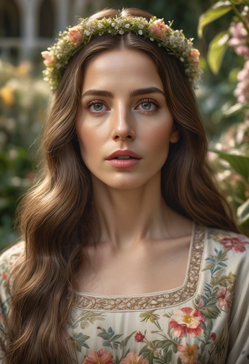photorealistic portrait of jesus, a woman with long brown hair in a garden, beautiful detailed eyes, beautiful detailed lips, extremely detailed face and eyes, longeyelashes, intricate detailed floral dress, serene expression, natural lighting, highly detailed, 8k, photorealistic, hyper detailed, cinematic lighting, muted color palette, masterpiece