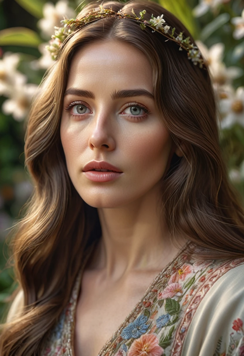 photorealistic portrait of jesus, a woman with long brown hair in a garden, beautiful detailed eyes, beautiful detailed lips, extremely detailed face and eyes, longeyelashes, intricate detailed floral dress, serene expression, natural lighting, highly detailed, 8k, photorealistic, hyper detailed, cinematic lighting, muted color palette, masterpiece