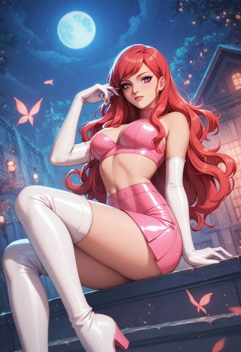 Masterpiece, best quality, castlevania style,nishikino maki, red hair, purple eyes,breasts, pink latex crop top,pink latex skirt, white elbow gloves, white knee boots,  night 