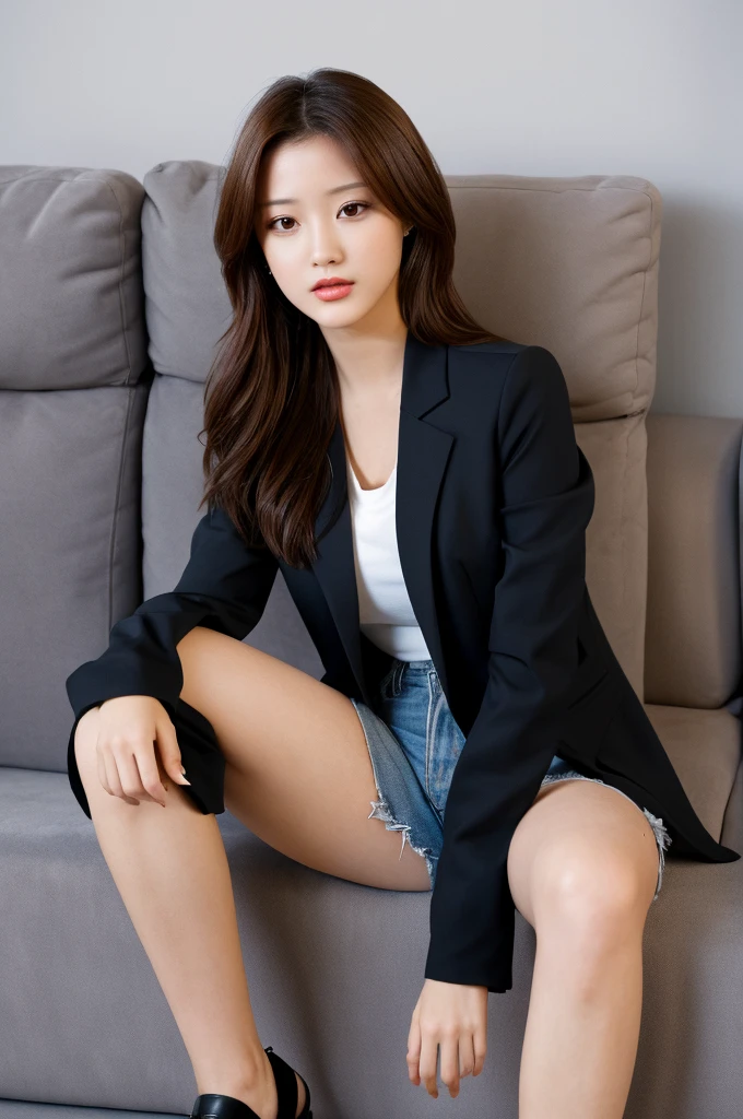 a 20 year old actress is the most beautiful woman in the world, her face is the prettiest, blazer is worn with shirt on her upper body, her vagina between opened legs, two pairs of labia under a clitoris, her pubic hair, she is sitting on a couch, nsfw, best quality, highly detailed, masterpiece, ultra high res, photo realistic, 8k