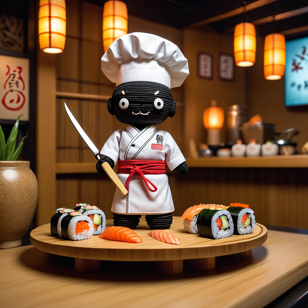 (knitted toy voodoo doll: 1.2), (Voodoo Chef-Sushi Chef: 1.3), (Clothing: Traditional Japanese clothing, chef's knife: 1.0), (in the background Sushi bar, bamboo decorative elements, rice and fish on the table: 1.2), best quality, masterpiece, detailed soft oil painting, detailed background, dramatic cinematic lighting, soft edge lighting, professional, dramatic lighting, hard edge lighting, ultra quality, 4k, masterpiece, best quality, 8k, ultra high definition, high resolution, extremely detailed