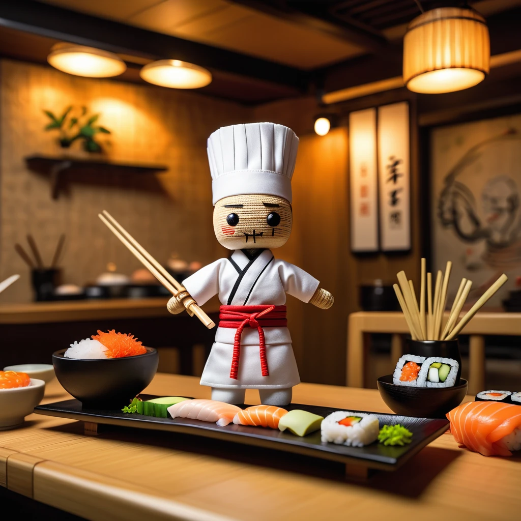 (knitted toy voodoo doll: 1.2), (Voodoo Chef-Sushi Chef: 1.3), (Clothing: Traditional Japanese clothing, chef's knife: 1.0), (in the background Sushi bar, bamboo decorative elements, rice and fish on the table: 1.2), best quality, masterpiece, detailed soft oil painting, detailed background, dramatic cinematic lighting, soft edge lighting, professional, dramatic lighting, hard edge lighting, ultra quality, 4k, masterpiece, best quality, 8k, ultra high definition, high resolution, extremely detailed