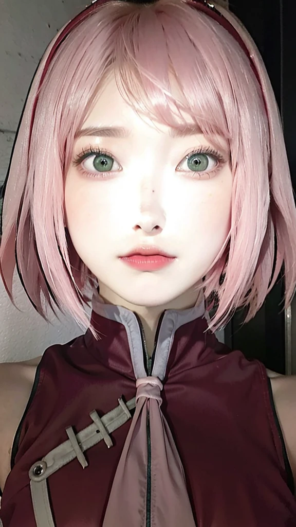 1girl, haruno sakura, pink hair, green eyes, short hair, red clothes, big breasts, realistic, ultra detail, indoor background