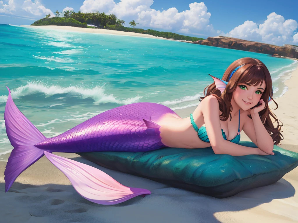 masterpiece, best quality:1.2), 1girl, smile, looking at viewer, green eyes, short brown hair, mermaid, mermaid girl, wearing purple seashell bra, laying on belly on beach, colorful mermaid tail, outdoors, head fins, fin ears