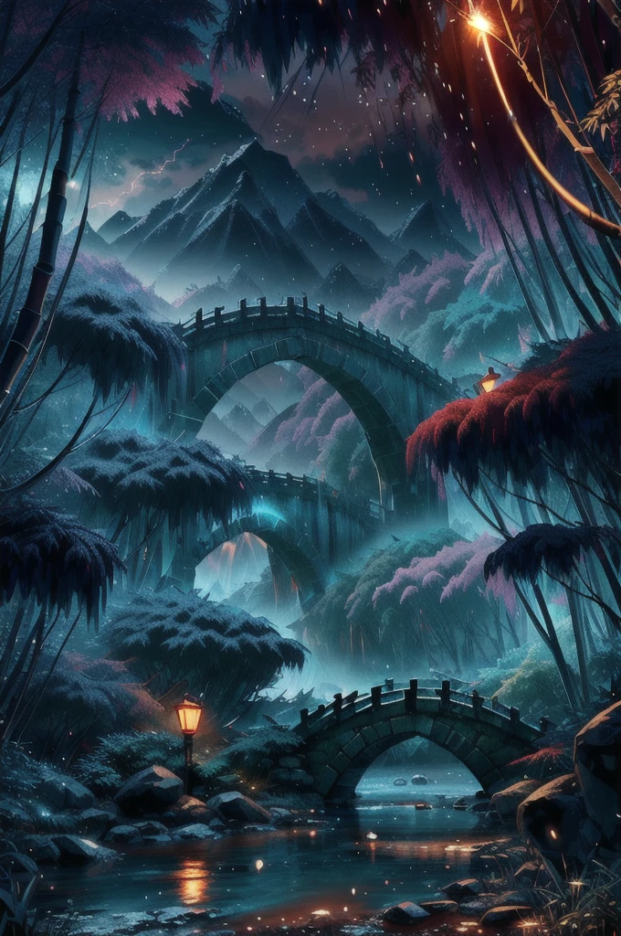 ((Diffuse Color)) Ancient Chinese architecture, Cool colors, Dark Night, moon, garden, bamboo, lake, stone bridge, rockery, arch, corner, wood, water flowing, landscape, Outdoor, waterfall, Grass, rock, Heavy Rain, thunderstorm, 周囲にはブドウのwoodが生い茂っている, giant and wet woods, with glowing leaves in the woods, Glowing fireflies and glowing particle effect, masterpiece, 最high quality, high quality, Very detailed CG unity 8k wallpaper, oil, Award-winning photography, Bokeh, Depth of written boundary, High resolution, bloom, ,Realistic,Very detailed, artステーションでトレンド, Trending on CGSociety, complicated, High detail, dramatic, art:Mid Journey, Volumetric lighting