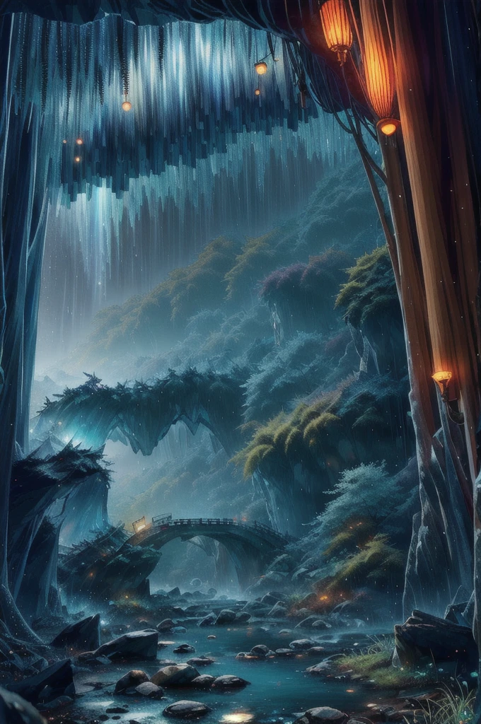 ((Diffuse Color)) Ancient Chinese architecture, Cool colors, Dark Night, moon, garden, bamboo, lake, stone bridge, rockery, arch, corner, wood, water flowing, landscape, Outdoor, waterfall, Grass, rock, Heavy Rain, thunderstorm, 周囲にはブドウのwoodが生い茂っている, giant and wet woods, with glowing leaves in the woods, Glowing fireflies and glowing particle effect, masterpiece, 最high quality, high quality, Very detailed CG unity 8k wallpaper, oil, Award-winning photography, Bokeh, Depth of written boundary, High resolution, bloom, ,Realistic,Very detailed, artステーションでトレンド, Trending on CGSociety, complicated, High detail, dramatic, art：Mid Journey, Volumetric lighting