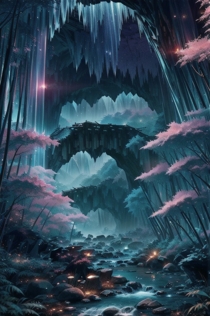 ((Diffuse Color)) Ancient Chinese architecture, Cool colors, Dark Night, moon, garden, bamboo, lake, stone bridge, rockery, arch, corner, wood, water flowing, landscape, Outdoor, waterfall, Grass, rock, Heavy Rain, thunderstorm, 周囲にはブドウのwoodが生い茂っている, giant and wet woods, with glowing leaves in the woods, Glowing fireflies and glowing particle effect, masterpiece, 最high quality, high quality, Very detailed CG unity 8k wallpaper, oil, Award-winning photography, Bokeh, Depth of written boundary, High resolution, bloom, ,Realistic,Very detailed, artステーションでトレンド, Trending on CGSociety, complicated, High detail, dramatic, art:Mid Journey, Volumetric lighting