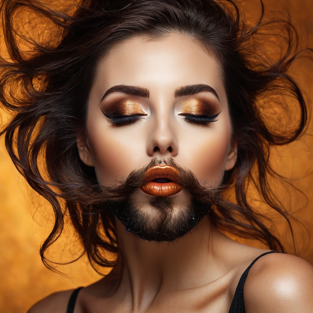 bearded bearded woman, brown hair, amber eyes, kisses the void with her mouth, eyes closed