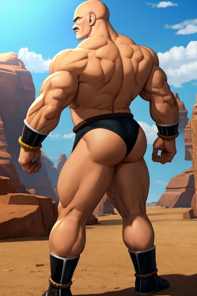 nappa, male focus, solo,cowboy shot, 1boy, bald, nipples, muscular male, abs,black vambraces, veins, pectorals, thighs, black eyes, topless male, mustache, (( transparency Briefs )) , tail around waist, (best quality, masterpiece) , stripclub , full body , black boots , backside , ass