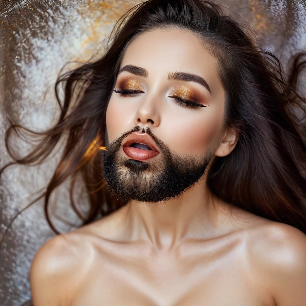 bearded bearded woman, brown hair, amber eyes, kisses the void with her mouth, eyes closed