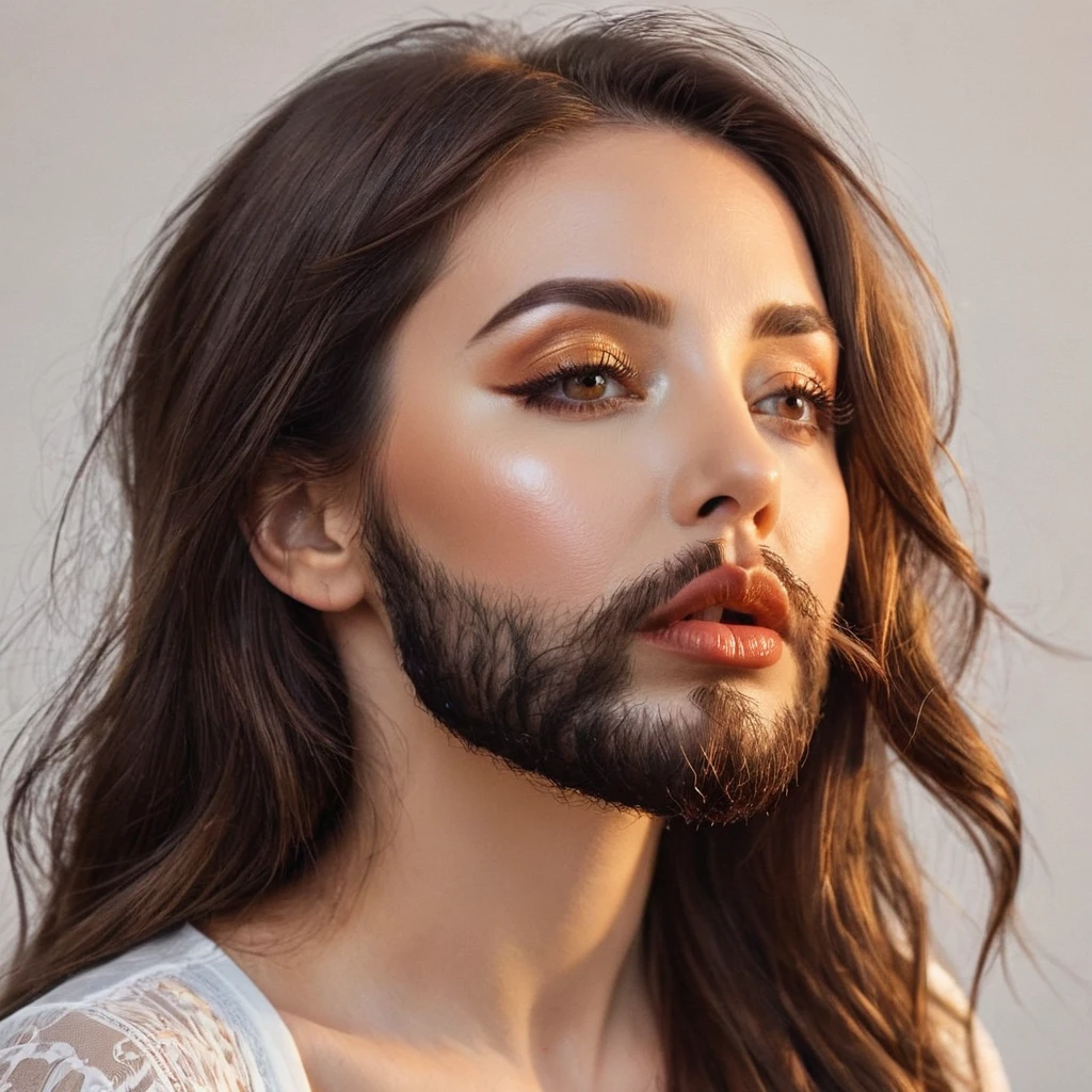 bearded bearded woman, brown hair, amber eyes, kisses the void with her mouth, eyes closed