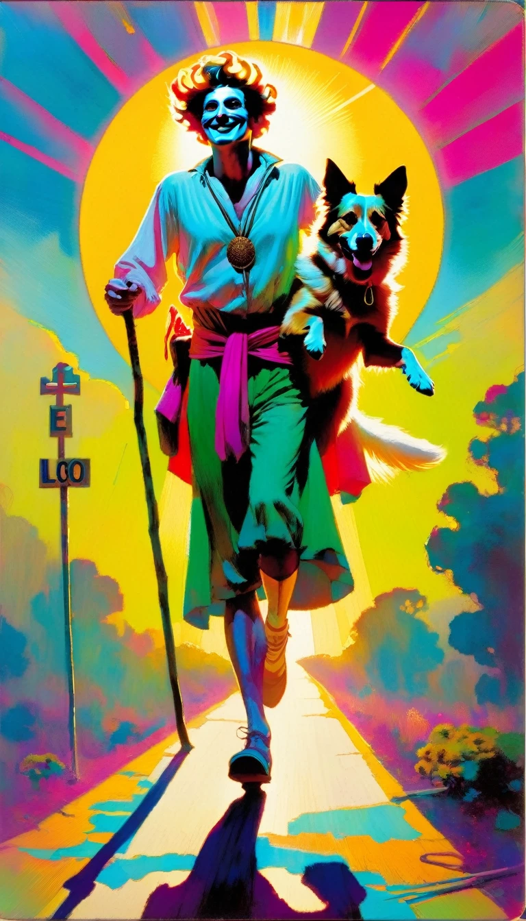 tarot card, the fool, happy man next to a dog walks with a bag tied to a stick, bright sun, tarot card frames ((text on card: "EL LOCO")) (art inspired by Bill Sienkiewicz). bright colors, oil painting)