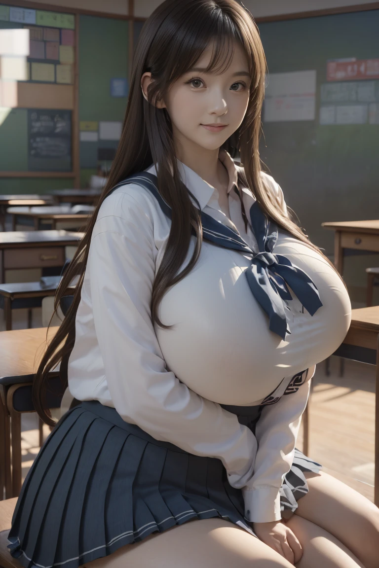 (Best quality,masterpiece,ultra detailed,8K,RAW photo,realistic,high resolution:1.2),(Pretty Japanese girl),(Super huge tits:1.4),(light brown hair),(school uniform,white shirt,pleated skirt:1.4),(voluptuous:1.4),(shoulder length),(light smile),(thick:1.4)