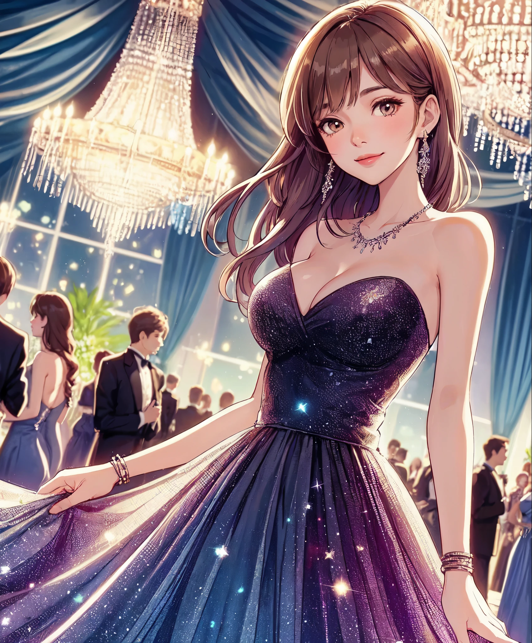 1lady solo, standing, (evening dress) stylish, long hem, twinkling with stars, (mature female:0.8), /(beige brown hair/) bangs, kind smile, (masterpiece best quality:1.2) delicate illustration ultra-detailed, large breasts BREAK (luxury  venue) indoors, chandelier, detailed background