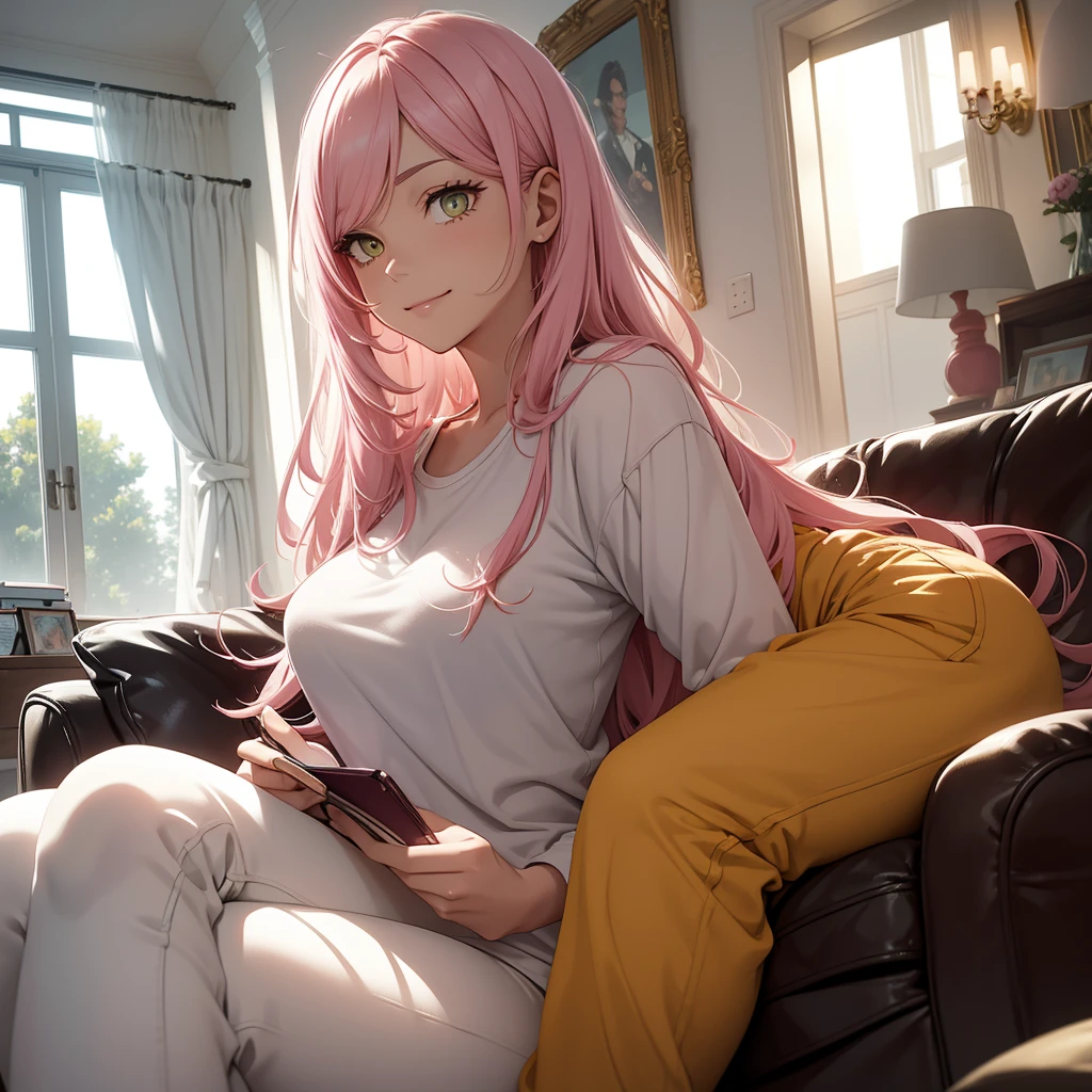 In a modern living room, bathed in sunlight streaming through open curtains, a young man and a young woman sit together on a comfortable sofa. The man has striking features: white hair, glimmering yellow eyes, and a slender build. He wears a crisp white shirt paired with white jogging pants, and holds a meticulously detailed smartphone, his expression warm and smiling. Across from him, the woman captivates with her long pink hair and matching pink eyes, dressed in a pink shirt and jeans. She is engrossed in a green book, her attention entirely absorbed to the book.

The scene is a masterpiece of artistic detail, characterized by top-quality animation. Both characters possess expressive eyes, flawless faces, and hands with perfect anatomical detail, down to their fingers. The setting complements their modern aesthetic, with meticulously designed furnishings and decorations enhancing the modern ambiance of the room.