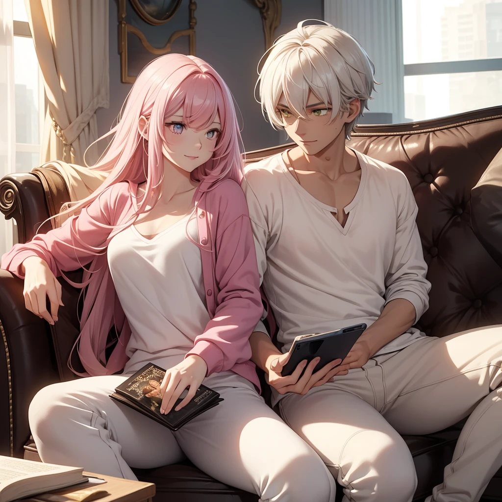 In a modern living room, bathed in sunlight streaming through open curtains, a young man and a young woman sit together on a comfortable sofa. The man has striking features: white hair, glimmering yellow eyes, and a slender build. He wears a crisp white shirt paired with white jogging pants, and holds a meticulously detailed smartphone, his expression warm and smiling. Across from him, the woman captivates with her long pink hair and matching pink eyes, dressed in a pink shirt and jeans. She is engrossed in a green book, her attention entirely absorbed to the book.
The scene is a masterpiece of artistic detail, characterized by top-quality animation. Both characters possess expressive eyes, flawless faces, and hands with perfect anatomical detail, down to their fingers. The setting complements their modern aesthetic, with meticulously designed furnishings and decorations enhancing the modern ambiance of the room.