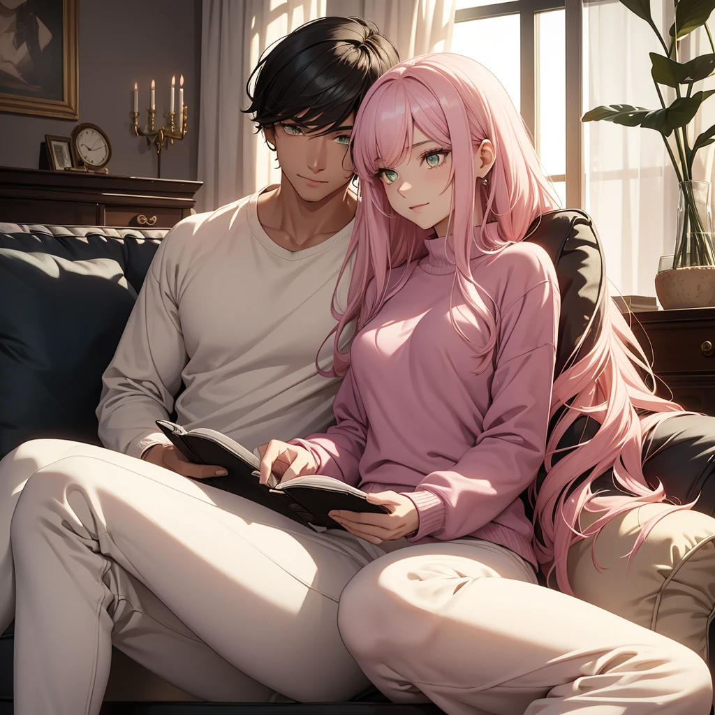 In a modern living room, bathed in sunlight streaming through open curtains, a young man and a young woman sit together on a comfortable sofa. The man has striking features: white hair, glimmering yellow eyes, and a slender build. He wears a crisp white shirt paired with white jogging pants, and holds a meticulously detailed smartphone, his expression warm and smiling. Across from him, the woman captivates with her long pink hair and matching pink eyes, dressed in a pink shirt and jeans. She is engrossed in a green book, her attention entirely absorbed to the book.
The scene is a masterpiece of artistic detail, characterized by top-quality animation. Both characters possess expressive eyes, flawless faces, and hands with perfect anatomical detail, down to their fingers. The setting complements their modern aesthetic, with meticulously designed furnishings and decorations enhancing the modern ambiance of the room.