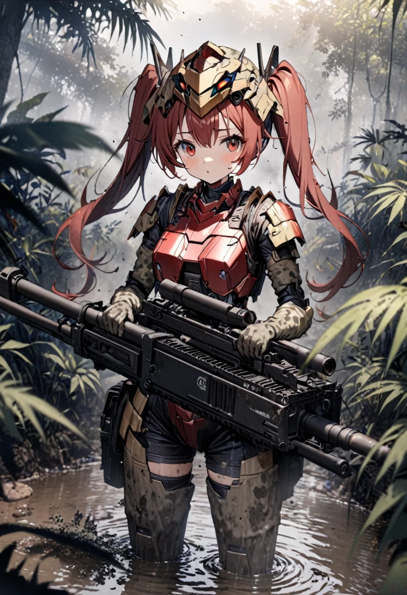 High quality, high definition, hig
h precision images,8k 1 Girl Robot Girl、red hair,Twin tails,Red eyes,Robo girl style armor on head、deep in the jungle,foggy,camouflage robot stylebody armor,Robot-style camouflage barrettes,(covered in mud:1.2), ( holding a large machine gun in both hands:1.5)
