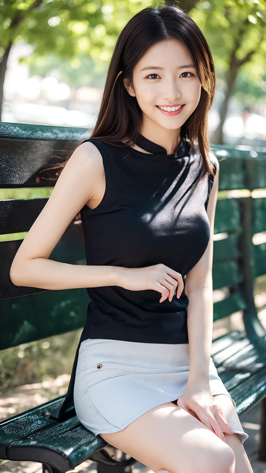 Japanese office lady、Sleeveless Shirt、lunch、sitting on a park bench、smile、Tight mini skirt、masterpiece,best quality,ultra detailed,highres,high-resolution,4K,realistic,RAW photo,((real person)),portrait photography,photorealistic,detailed skin,(delicate black eyes ), A soothing woman with sagging eyes,Calm and calm, middle hair,skinny,clothing,The wind is blowing,tareme、Beautiful legs、Small shirt、Panty shot、((Knees are higher than hips))、White shorts、Bend your knees、Knee Up、(huge breasts)