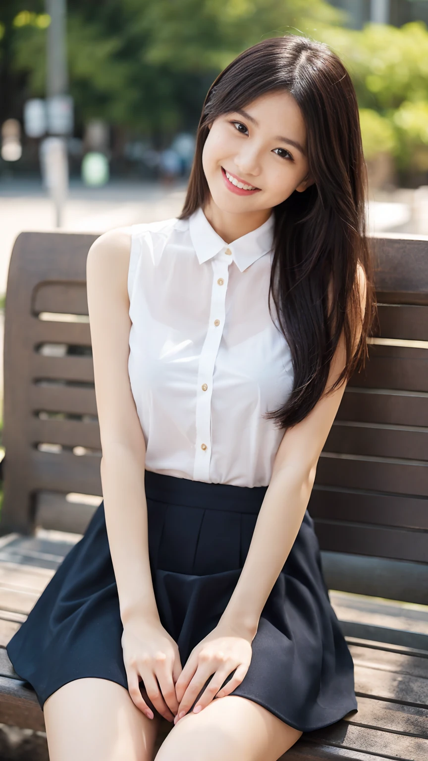 Japanese office lady、Sleeveless Shirt、lunch、sitting on a park bench、smile、Tight mini skirt、masterpiece,best quality,ultra detailed,highres,high-resolution,4K,realistic,RAW photo,((real person)),portrait photography,photorealistic,detailed skin,(delicate black eyes ), A soothing woman with sagging eyes,Calm and calm, middle hair,skinny,clothing,The wind is blowing,tareme、Beautiful legs、Small shirt、Panty shot、((Knees are higher than hips))、White shorts、Bend your knees、Knee Up、(huge breasts)