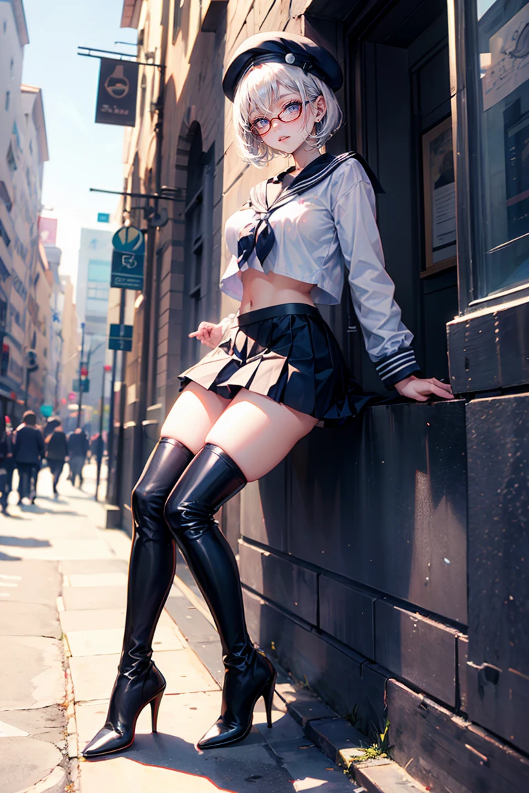 Best quality, Masterpiece, white thighboots, pleated skirt, sailor uniform, beret, glasses, short hair, medium breasts, cleavage, full body, city, high heels boots, navel