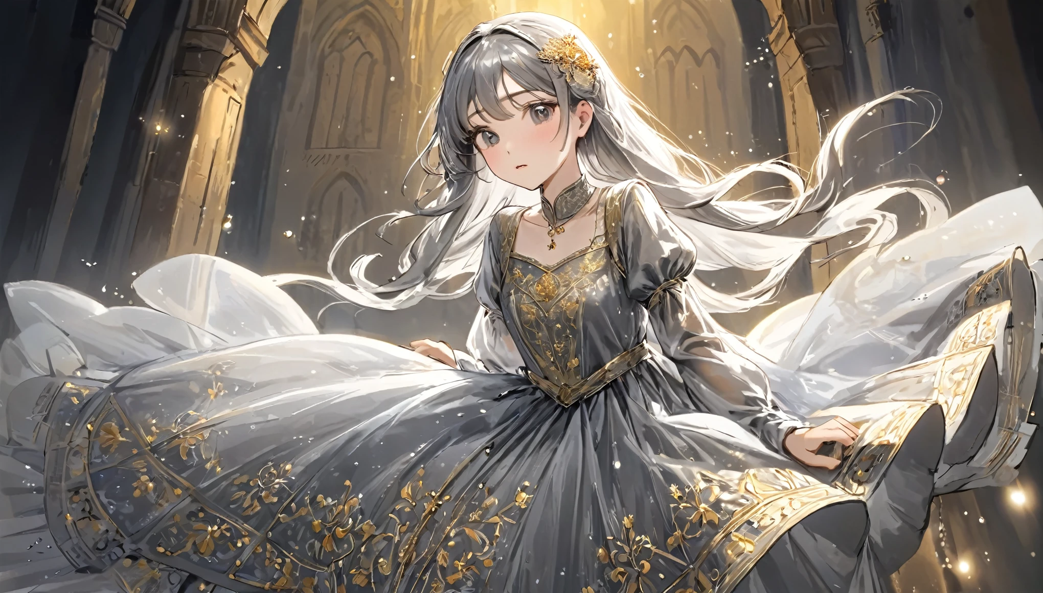 girl, Gold and silver embroidery, White-gray pearl medieval long dress（With panniers）, Translucent fabric, Pull up the dress by hand, Strong winds, Translucent slip, Grey translucent tights, Peeking from below, Highest quality, Disorder of clothing, sit