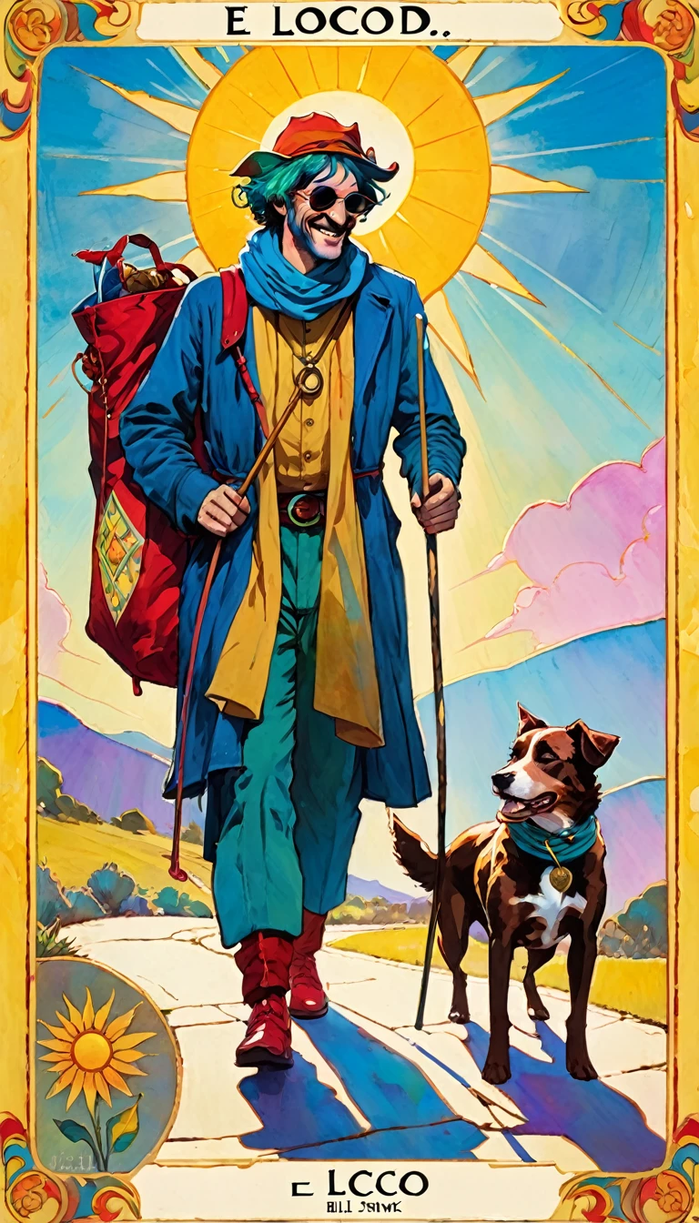 tarot card, the fool, happy man next to a dog walks with a bag tied to a stick, bright sun, tarot card frames ((text on card: "EL LOCO")) (art inspired by Bill Sienkiewicz). bright colors, oil painting)
