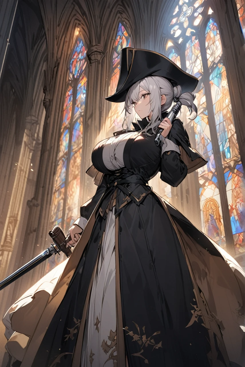 Tall pale woman,Big breasts
, defined long white hair tied up, Dressed in a black overcoat-style outfit,Musketeer hat, holding a Saber in one hand and not a hunter's pistol in the other, ccathedral interior background