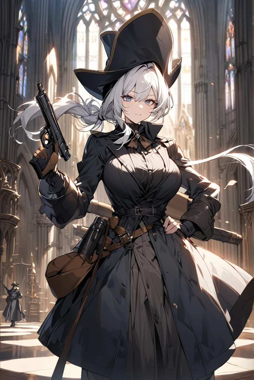 Tall pale woman,Big breasts 
, defined  long white hair tied up, Dressed in a black overcoat-style outfit,Musketeer hat, holding a Saber in one hand and not a hunter's pistol in the other, ccathedral interior background