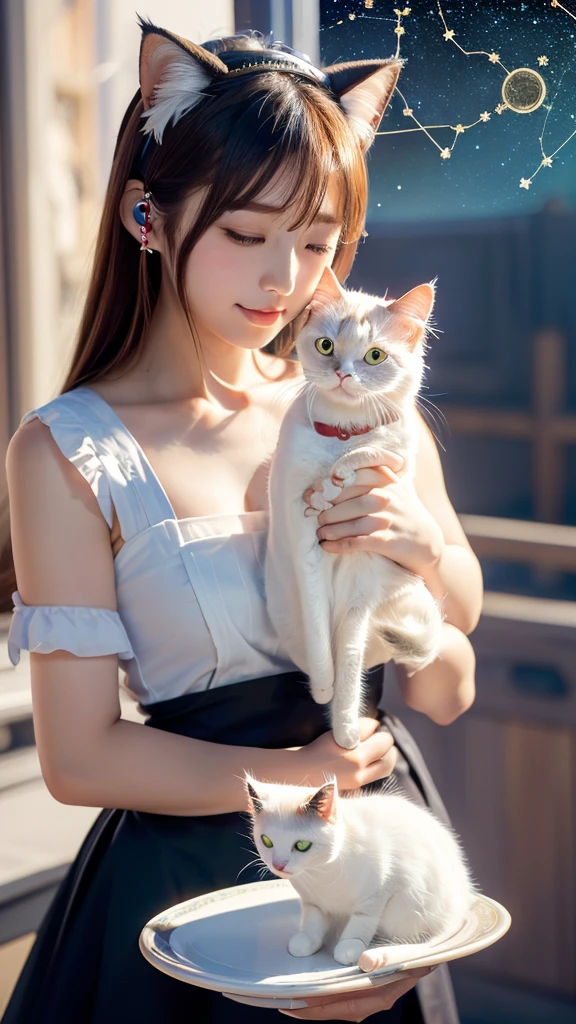 masterpiece, 4K, bokeh, (cute:1.5), (beautiful girl:1.3), (Japanese Idols:1.6), (Cat ear:1.3) , (maid:1.3),  (I like cats:1.6), Blushed,  (Holding a pretty white cat:1.5), (Kiss the cat:1.3), (constellation :1.4), Starry Sky