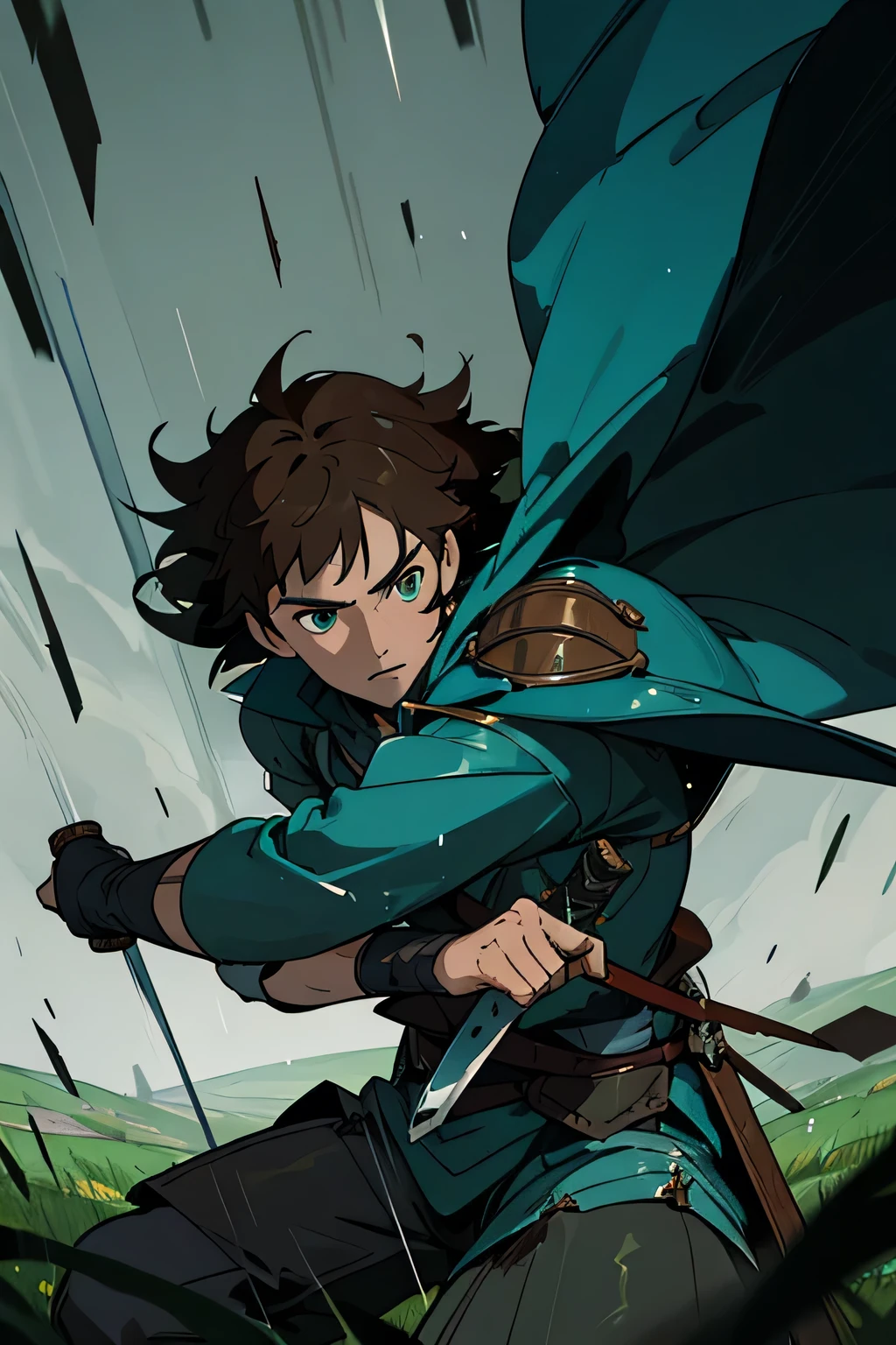 Male, Adult, Brown Hair, Knight, Fluffy Hair, Teal Eyes, Dynamic Pose, Tense Emotion, Holding Sword, close up, downwards view, front view, fields background, raining, wet skin, dynamic lighting, fighting, scarred skin