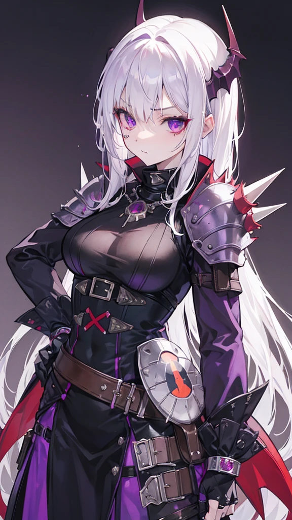vampire Female, White hair, purple eyes, Old Glove, 160 cm, 18 years, Colt M1911, Spiky Eye Patch, Spiky Slave Hunter Armor, Turtle's Rusty bracelet, Tomboy, wasteland