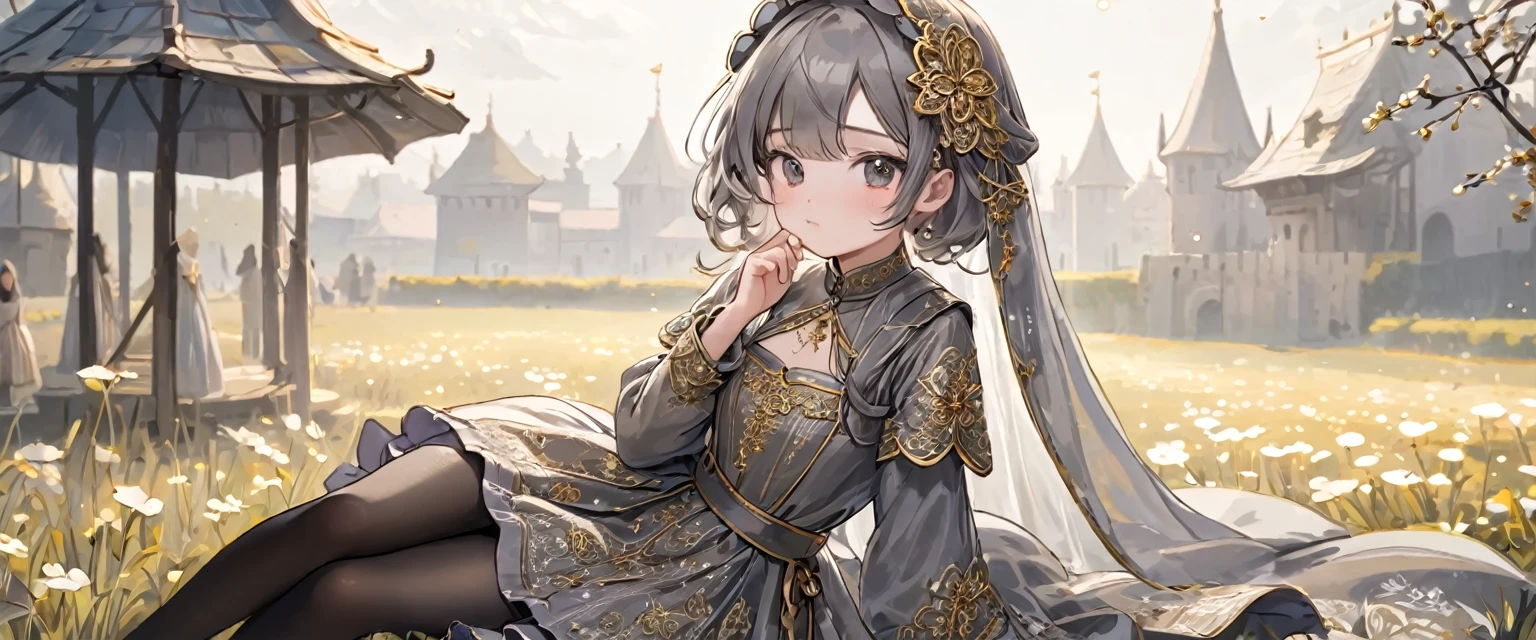 girl, Gold and silver embroidery, Platinum and pearl medieval long dress(With panniers), Translucent fabric, Pull up the dress by hand, Strong winds, Translucent slip, Grey translucent tights, 8歳のgirl, Gold and silver embroidery, medieval mini dress(With panniers), Translucent fabric, Pull up your skirt, Strong winds, Translucent slip, Grey translucent tights, Peeking from below, Highest quality, Disorder of clothing, Lying down, underwear, Show off your thighs, night, Skirt lining